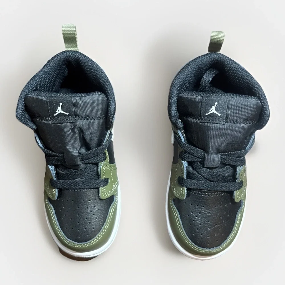 *NEW* TODDLER BABY NIKE AIR JORDAN 1 MID (TD) BLACK/WHITE-OLIVE (DQ8425 092) 8c